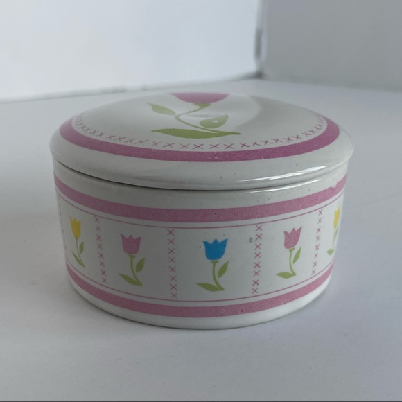 Vintage Trinket Box 1987 FTDA Ceramic Tulip Design Pink Easter EUC - Picture 1 of 13